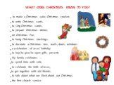 What does Christmas mean to you? _ to make a Christmas cake, Christmas cracker, _ to write Christmas cards, _ to sing Christmas carols, _ to prepare Christmas dinner, _ on Christmas Eve, _ to hang Christmas stockings, _ to decorate a Christmas tree, walls, doors, windows _ a celebration of Jesus' bi