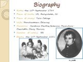 Biography. Birth: the 15th September 1789 Place of birth: US, Berlynhton, NJ Place of study: Yale College Wife: Frenchwoman Delaney Children: Caroline Martha,Suzanne, Paul,Anne-Charlotte, Mary Frances Number of novels: 33 Death: the 14th September 1851. in youth