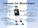Costumes for Morris Dance white trousers white shirt black hat black waistcoat black shoes white handkerchiefs bell pads with ribbons