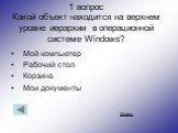 1 вопрос Какой объект находится на верхнем уровне иерархии в операционной системе Windows? Мой компьютер Рабочий стол Корзина Мои документы. Ответ: