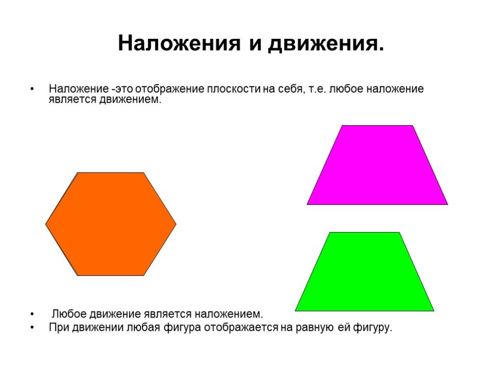 Любая фигура равна. Наложения и движения геометрия 9. Наложение и движение. Наложение фигур. Наложение это отображение плоскости на себя.