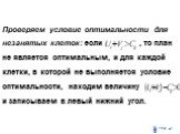 Проверяем условие оптимальности для незанятых клеток: если , то план не является оптимальным, и для каждой клетки, в которой не выполняется условие оптимальности, находим величину и записываем в левый нижний угол.