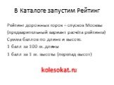 В Каталоге запустим Рейтинг. Рейтинг дорожных горок – спусков Москвы (предварительный вариант расчёта рейтинга) Сумма баллов по длине и высоте. 1 балл за 100 м. длины 1 балл за 1 м. высоты (перепад высот) kolesokat.ru