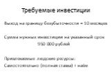 Требуемые инвестиции. Выход на границу безубыточности = 10 месяцев Сумма нужных инвестиции на указанный срок 950 000 рублей Привлекаемые людские ресурсы: Самостоятельно (полная ставка) + наём