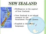 NEW ZEALAND. Wellington is the capital of New Zealand. New Zealand is an island country in the Southwest Pacific Ocean. English is the official language.