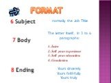 6 Subject normally the Job Title 7 Body. The letter itself, in 3 to 6 paragraphs: 1. Intro 2. Sell your experience 3. Sell your education 4. Conclusion. 8 Ending. Yours sincerely Yours faithfully Yours truly