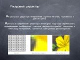 В растровом редакторе изображение строится из точек, окрашенных в разные цвета; растровые графические редакторы используют, когда надо обрабатывать сканированные изображения - картины, рисунки, фотографии, введенные в компьютер изображения, сделанные электронным фотоаппаратом; Растровый редактор