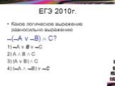 ЕГЭ 2010г. Какое логическое выражение равносильно выражению (А v В)  С? 1) А v В v С 2) А  В  С 3) (A v В)  С 4) (А  В) v С