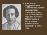 Благодаря поддержке М.И. Чайковского, брата композитора, посетил Италию, где познакомился с Горьким. С осени 1908 учился в Московском университете, исключён в 1913 году.