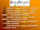 (фо́рте, итал. forte) — громко, (пиа́но, итал. piano) — тихо. (меццо-форте, итал. mezzo-forte) — умеренно громко, (меццо-пиано, итал. mezzo-piano) — умеренно тихо. (форти́ссимо, итал. fortissimo) — очень громко, (пиани́ссимо, итал. pianissimo) — очень тихо.