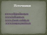 1. www.wikipediaorg.ru 2. www.belkanto.ru 3. www.classic-onlain.ru 4. www.images.yandex.ru. Источники: