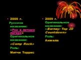 2008 г. Русское название: «Рок в летнем лагере» Оригинальное название: «Camp Rock» Роль: Митчи Торрес. 2009 г. Оригинальное название: «Barney: Top 20 Countdown» Роль: Анжела