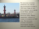 Ростральные колонны появились на стрелке Васильевского острова в 1810 году. Одна из них была маяком для судов на малой Неве, другая - указывала путь в Большую Неву. Маяки зажигались ночью и в туман, и служили до 1885 года. Ростральные колонны являются памятником военно-морской славы России.