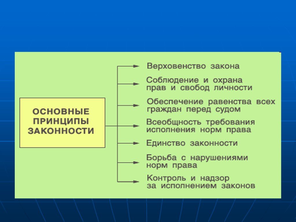 Назовите принципы законности и дайте обоснование каждого из них представьте их в виде схемы