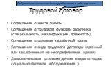 Трудовой договор. Соглашение о месте работы Соглашение о трудовой функции работника (специальность, квалификация, должность) Соглашение о размере заработной платы Соглашение о виде трудового договора (срочный или заключенный на неопределенное время) Дополнительные условия (другие вопросы труда, соци