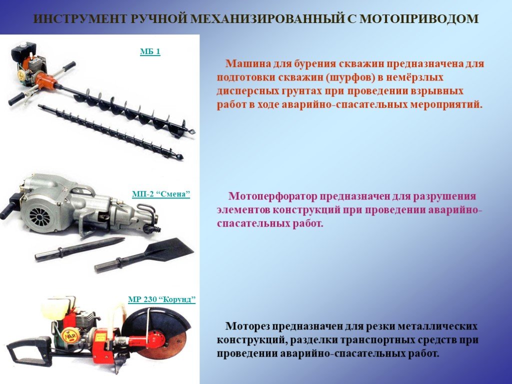 Инструмент предназначен для. Ручной механизированный инструмент с мотоприводом. Ручной механизированный пожарный инструмент с электроприводом. Ручной механизированный инструмент для ПСР. Механизированный инструмент предназначен для.