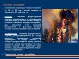 Лесные пожары. Ежегодно на территории страны возникает от 10 до 30 тыс. лесных пожаров на площади от 0,5 до 2 млн. га. Пожары - стихийное распространение горения, проявляющееся в уничтожающем действии огня, вышедшего из-под контроля человека. Возникают пожары, как правило, при нарушении мер пожарной