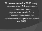 По вине детей в 2010 году произошло 14 дорожно-транспортных происшествий. Этот показатель ниже по сравнению с прошлогодним на 30%.