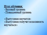 Итог обучения: - Базовый уровень - Повышенный уровень «Выпускник научится» «Выпускник получит возможность научиться»