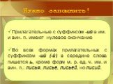 Нужно запомнить! Прилагательные с суффиксом -ий в им. и вин. п. имеют нулевое окончание Во всех формах прилагательных с суффиксом -ий (-й) в середине слова пишется ь, кроме форм м. р. ед. ч. им. и вин. п.: лисья, лисье, лисьей, но лисий.