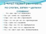 2.Читай первый раз плавно, по слогам, затем – целыми словами: По – дви - нул – ся – подвинулся Хо – ро – шень – ко – хорошенько Спра – ши – ва – ете – спрашиваете При – го – ва – ри – ва – ла – приговаривала Сму – щён – но – смущённо Про – бор – мо – та – ла – пробормотала Мор – щи – нис – то – е – 