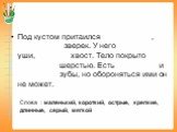 Под кустом притаился ___________, __________ зверек. У него ________ уши, _______ хвост. Тело покрыто _________ шерстью. Есть _________ и _________ зубы, но обороняться ими он не может. Слова : маленький, короткий, острые, крепкие, длинные, серый, мягкой