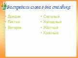 Распредели слова в два столбика. Дождик Листья Ветерок. Сильный Холодный Жёлтый Красные