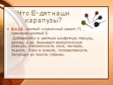 Что Е-дят наши карапузы? Е-110, желтый «солнечный закат» FCF, оранжево-желтый S Добавляется в цветную конфетную глазурь, джемы, и др. Вызывает аллергические реакции, заложенность носа, насморк, тошноту, боли в животе, гиперактивность. Запрещен во многих странах.