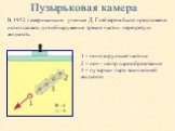 Пузырьковая камера. В 1952 г. американским ученым Д. Глейзером было предложено использовать для обнаружения треков частиц перегретую жидкость. 1 – ионизирующая частица 2 – ион - центр парообразования 3 – пузырьки пара вскипающей жидкости