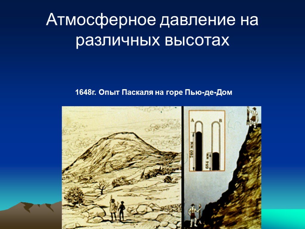 Давление на горе. Опыт Паскаля на горе пью-де-дом. Атмосферное давление на различных высотах. Давление на различных высотах. Атмосф давление на различных высотах.