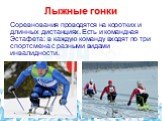 Лыжные гонки. Соревнования проводятся на коротких и длинных дистанциях. Есть и командная Эстафета: в каждую команду входят по три спортсмена с разными видами инвалидности.