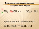 SO4 H2SO4 + NaOH => NaHSO4+ H2O. Взаимодействие серной кислоты с гидроксидом натрия. NaHSO4 + NaOH => Na2SO4 + H2O