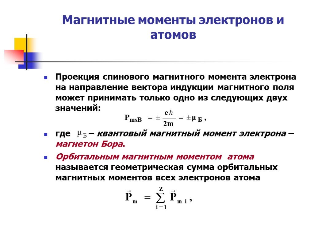Орбитальный момент атома водорода. Орбитальный магнитный момент электрона. Спиновый магнитный момент атома.