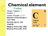 Chemical element. Carbon Atomic Number: 6 Symbol: C Atomic Weight: 12.011 Element Classification: Non-Metal Density (g/cc): 2.25 (graphite) Melting Point (K): 3820 Boiling Point (K): 5100