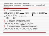 Химические свойства алкенов. Характерны реакции присоединения по двойной связи: С галогенами CH2=CH2 + Br2(вод.) СH2 – CH2 + Br:Br CH2 – CH2 дибромэтан. Br Br С водой (гидратация) CH2=CH2 + Н2О кат С2Н5ОН С водородом (гидрирование) CH2=CH2 + Н2 = CH3 – CH3 этан