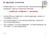 10. Ценовая политика. В зависимости от стратегических приоритетов компании выбирают один из следующих методов: средние издержки + прибыль всегда больше известно о своих издержках, нежели о специфике спроса. нет необходимости при наличии матрицы оценок их часто корректировать. при “средних” по рынку 