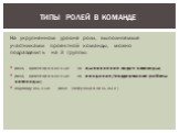 На укрупненном уровне роли, выполняемые участниками проектной команды, можно подразделить на 3 группы: роли, ориентированные на выполнение задач команды; роли, ориентированные на создание/поддержание работы команды; индивидуальные роли (нефункциональные). Типы ролей в команде