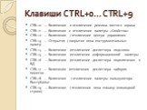 Клавиши CTRL+0… CTRL+9. CTRL+0 — Включение и отключение режима чистого экрана CTRL+1 — Включение и отключение палитры «Свойства» CTRL+2 — Включение / отключение центра управления CTRL+3 — Открытие / закрытие окна инструментальных палитр CTRL+4 — Включение /отключение диспетчера подшивок CTRL+5 — Вкл
