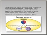 Принцип разделения властей заключается в том, чтобы властные полномочия были распределены и сбалансированы между различными государственными органами, чтобы исключить сосредоточение всех полномочий либо большей их части в ведении единого органа государственной власти либо должностного лица и тем сам