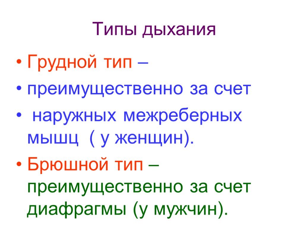 Назовите типы дыхания. Типы дыхания грудной брюшной и смешанный. Грудной Тип дыхания характерен для. Грудной и брюшной Тип дыхания.