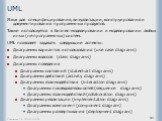 UML. Язык для специфицирования, визуализации, конструирования и документирования программных продуктов. Также используется в бизнес-моделировании и моделировании любых иных (не программных) систем. UML позволяет задавать следующие аспекты: Диаграммы вариантов использования (use case diagrams) Диагра