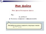 Имя файла. Имя_файла.Расширение_файла Пр.: proba.txt Единицы измерения информации.doc