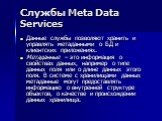Службы Meta Data Services. Данные службы позволяют хранить и управлять метаданными о БД и клиентских приложениях. Метаданные – это информация о свойствах данных, например о типе данных поля или о длине данных этого поля. В системе с хранилищами данных метаданные могут предоставлять информацию о внут