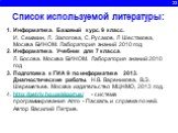 23. Список используемой литературы: Информатика. Базовый курс. 9 класс. И. Семакин, Л. Залогова, С. Русаков, Л Шестакова, Москва БИНОМ. Лаборатория знаний 2010 год 2. Информатика. Учебник для 7 класса. Л. Босова. Москва БИНОМ. Лаборатория знаний 2010 год 3. Подготовка к ГИА 9 по информатике 2013. Ди