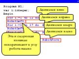 4. Program N1; var i:integer; Begin For i:=1 to 12 do RobotForw; RobotLeft; For i:=1 to 17 do RobotForw; RobotLeft; For i:=1 to 12 do RobotForw; RobotLeft; For i:=1 to 17 do RobotForw; RobotLeft; end. Движемся вниз Движемся вправо Движемся вверх Движемся влево. Эта и следующая команды поворачивают в