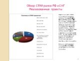 Обзор CRM-рынка РФ и СНГ Реализованные проекты. Наиболее часто в CRM-проектах используются системы Terrasoft CRM и Microsoft Dynamics CRM. Во-первых, производители данных систем проводят активную маркетинговую политику и их видимость значительная, с другой стороны, поставщики данных систем имеют шир