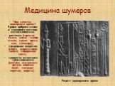 Медицина шумеров. Чем лечили шумерские врачи? Кроме доброго слова и ласкового взгляда использовались растения (горчица, пихта, сосна, тимьян, слива, груша, фига, ива, леканору), природные вещества (нефть, асфальтовая смола, поваренная соль), продукты животного происхождения (молоко, внутренние орган