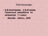 Источники: И.В.Золотарева, Н.В.Егорова. Поурочные разработки по литературе 11 класс - Москва: «Вако», 2009