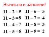 Вычисли и запомни! 11 – 2 = 11 – 3 = 11 – 4 = 11 – 5 =. 9 8 7 6. 11 – 6 = 11 – 7 = 11 – 8 = 11 – 9 =. 5 4 3 2