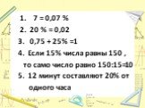 1. 7 = 0,07 % 2. 20 % = 0,02 3. 0,75 + 25% =1 4. Если 15% числа равны 150 , то само число равно 150:15=10 5. 12 минут составляют 20% от одного часа